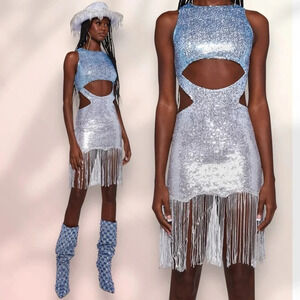 NWT AMY LYNN Annabelle Cut Out Sequin Fringe Dress Coastal Cowgirl Size M